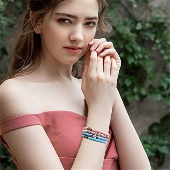 Surfer Heishi Clay Bead Bracelets for Women Bohemian Stackable Evil Eye Vinyl - Picture 8 of 8